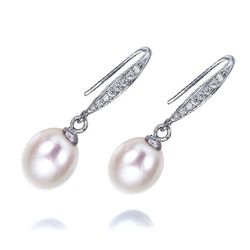 Sterling Silver and White Freshwater Pearl Dangles w/CZs